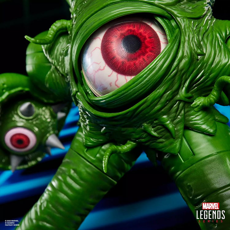 Close-up of Marvel Legends Gamerverse Gargantos figure with detailed red eye and textured green tentacles by Hasbro