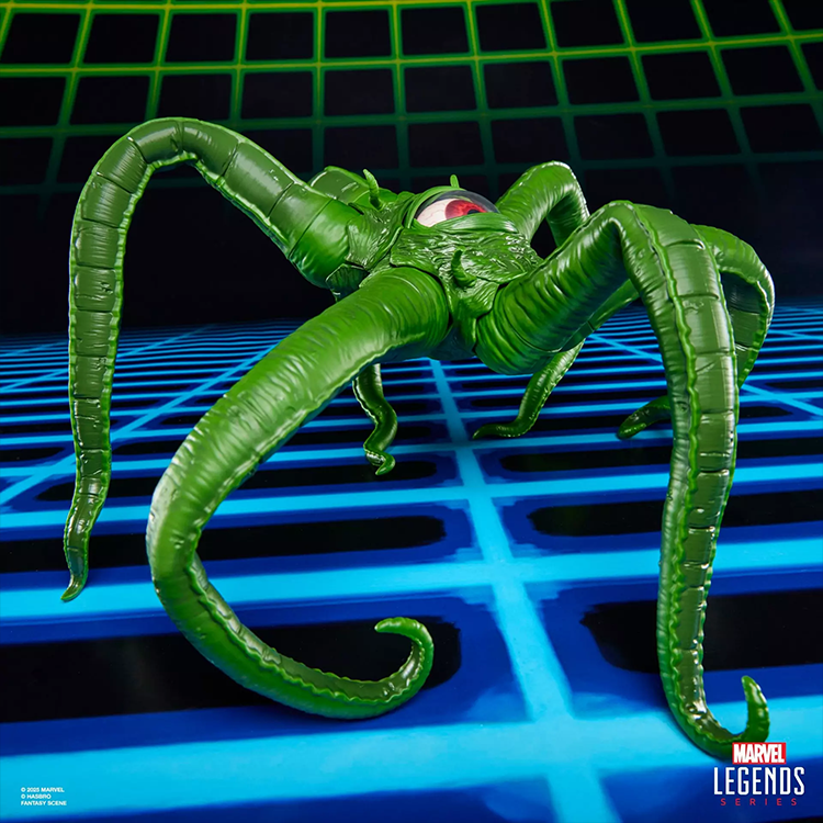 Green Marvel Legends Gamerverse Gargantos figure with poseable tentacles and an animated eye by Hasbro on a grid background
