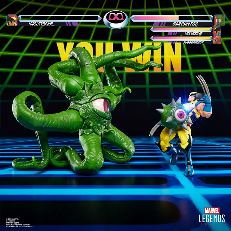 Green tentacled Gargantos figure facing Wolverine action figure in a retro video game battle scene