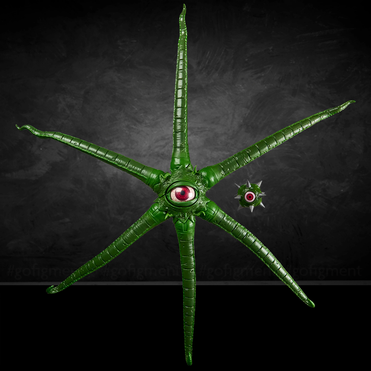 Green six-legged Gargantos action figure with articulated tentacles and red eye accessory on dark background