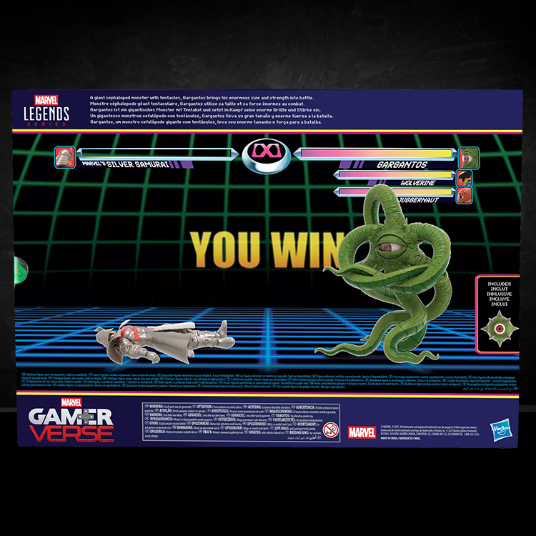 Marvel Legends Gamerverse Gargantos action figure in arcade-style battle scene with fallen Silver Samurai opponent