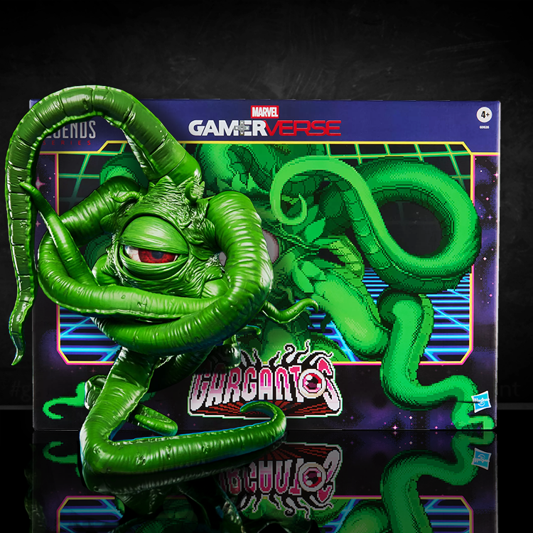 Marvel Legends Gamerverse Gargantos figure with bendable tentacles and animated eye posed in front of retro gaming style box by Hasbro