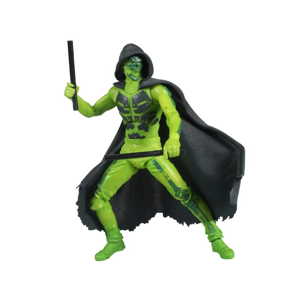 Green hooded action figure with a black cape, staff, sword, and bright green armor and limbs
