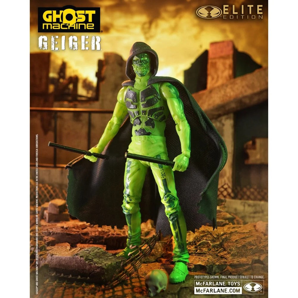 Green hooded Geiger action figure with a cape in a post-apocalyptic setting