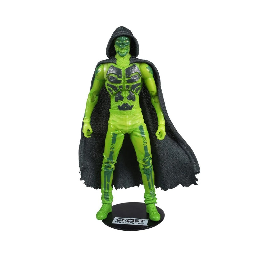 Green masked action figure wearing a black cape on a display stand