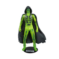 Green masked action figure wearing a black cape on a display stand