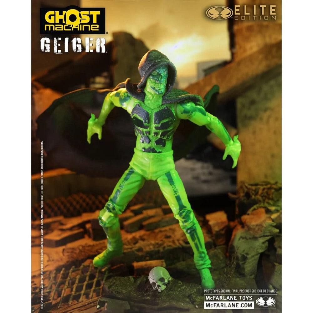 Green armored humanoid figure posed in a ruined city scene with a skull at its feet