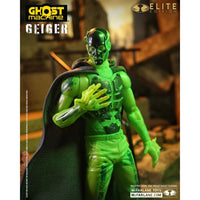 Green Geiger action figure wearing a black cape with Ghost Machine and Elite Edition logos