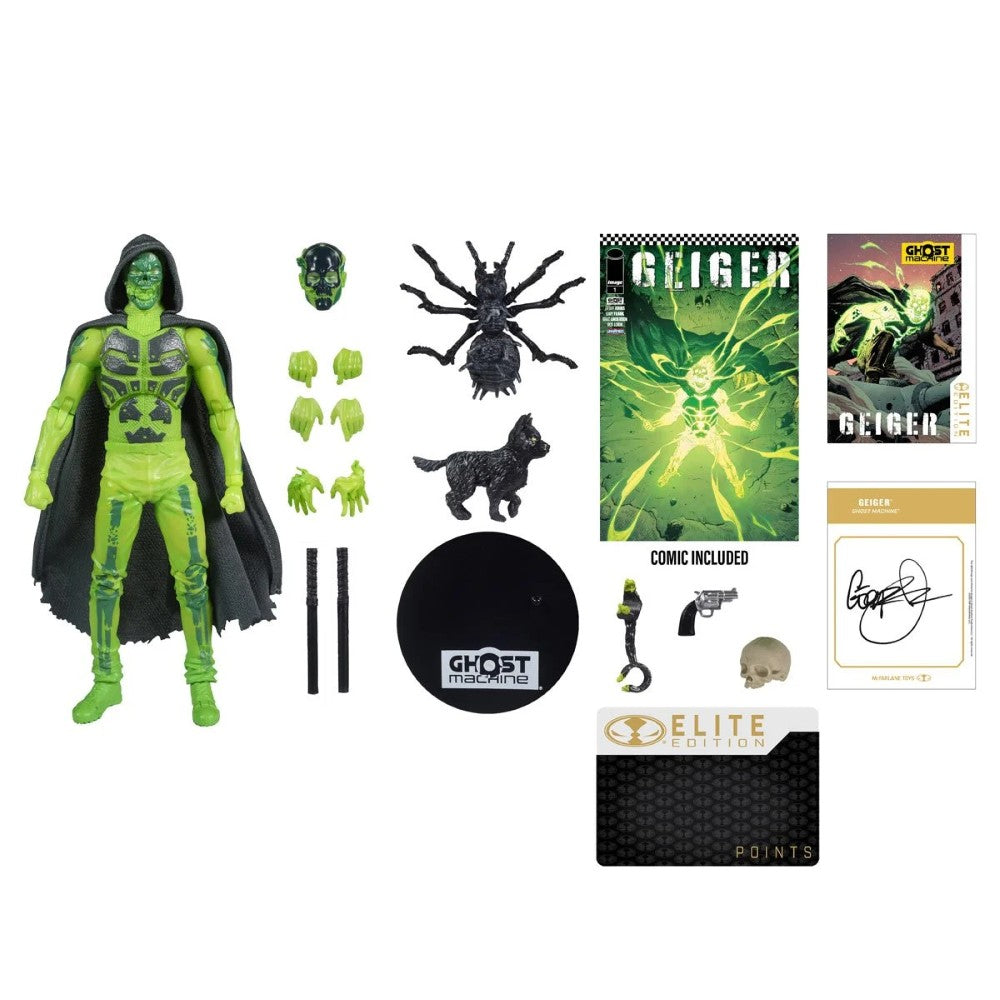 Green hooded action figure with interchangeable hands, weapons, creature accessories, a comic book, and collector cards