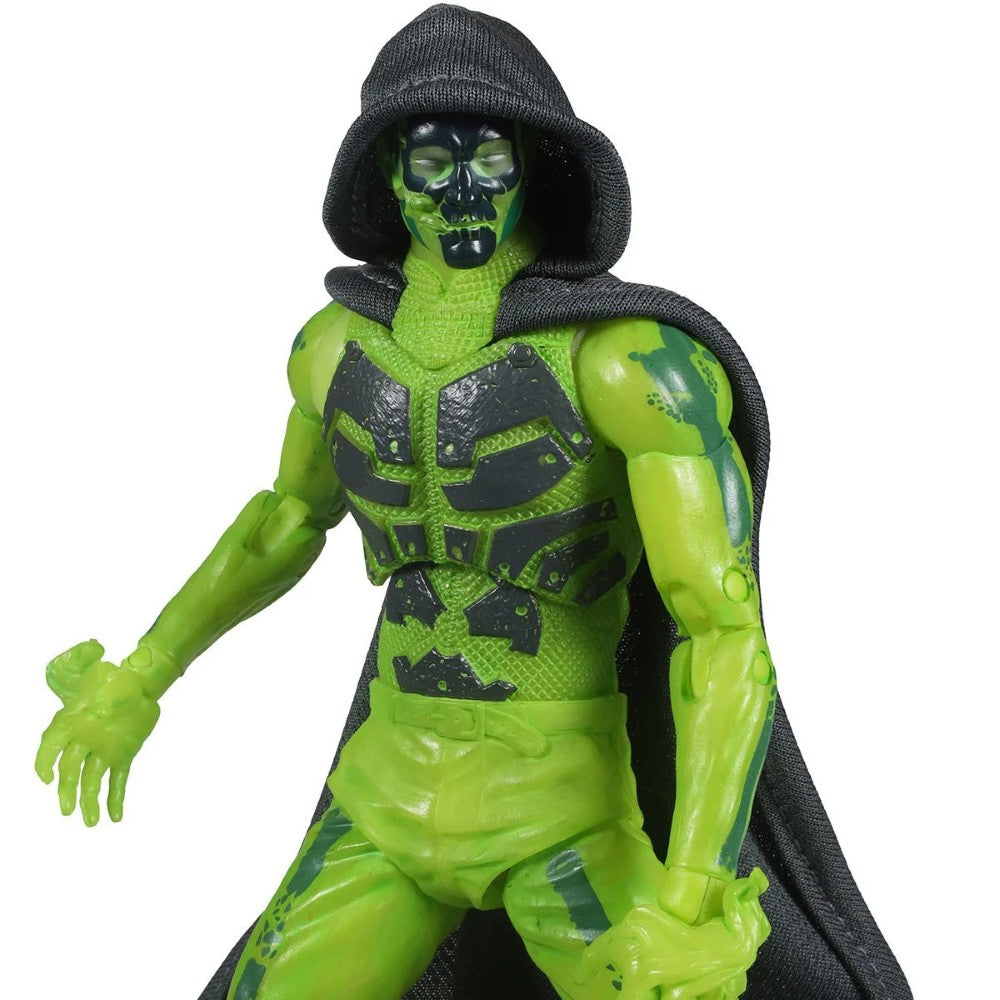 Green masked action figure wearing black armor, hood, and cape