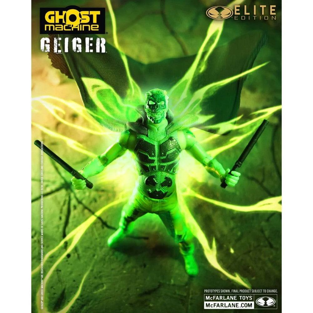 Ghost Machine Giger Elite Edition figure wielding two swords amid glowing green energy