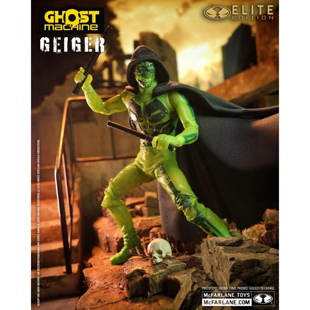 Green masked action figure wielding a sword in a ruined city scene with Ghost Machine and Elite Edition logos