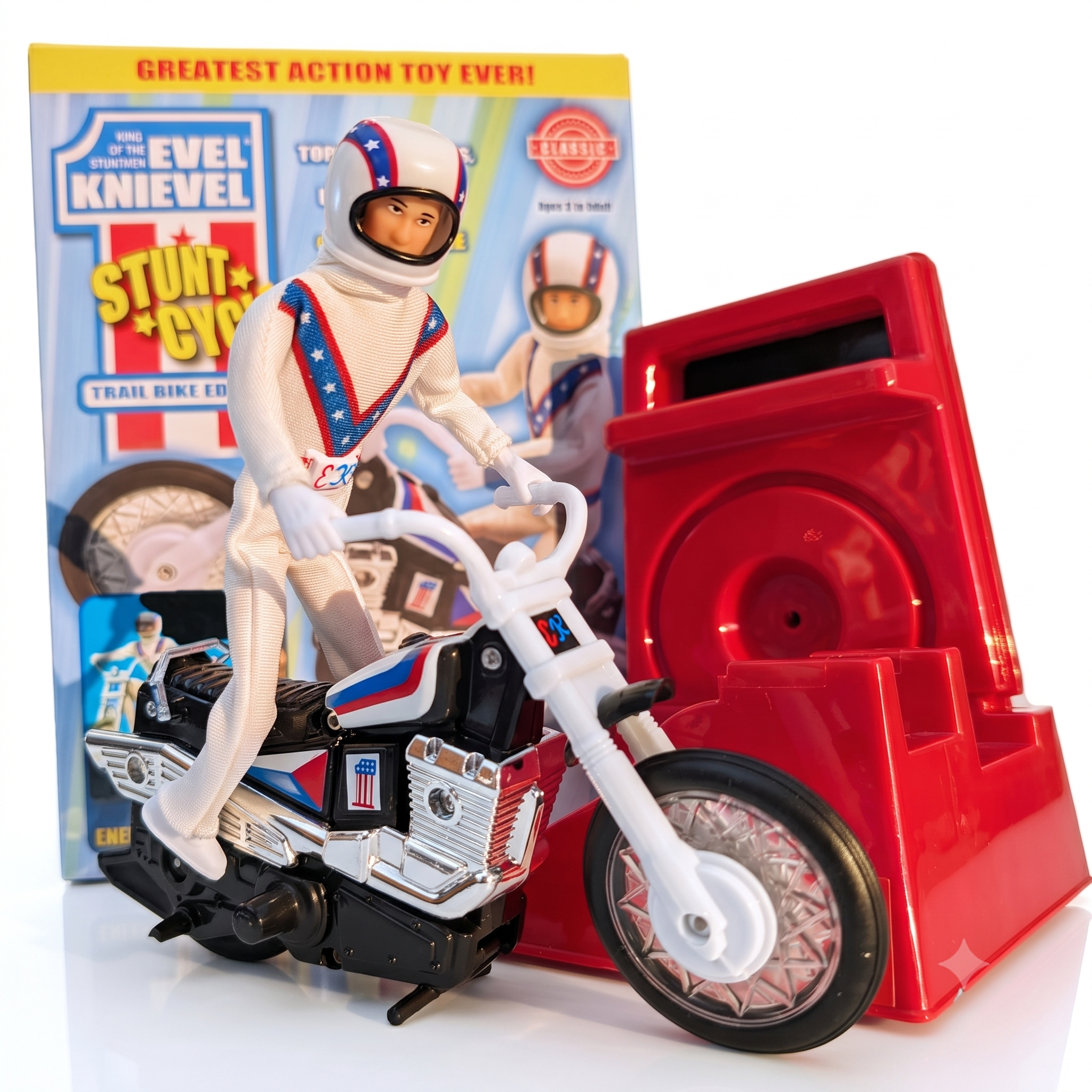 The Original 1970's Evel Knievel Stunt Cycle Upgraded And Advanced NEW collectible toy with box and red launcher from Go Figment