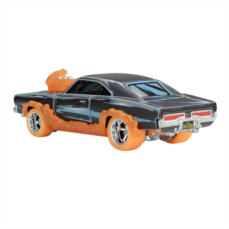 Mattel Hot Wheels Ghost Rider Charger diecast car with fiery orange flames and detailed 1:64 scale design