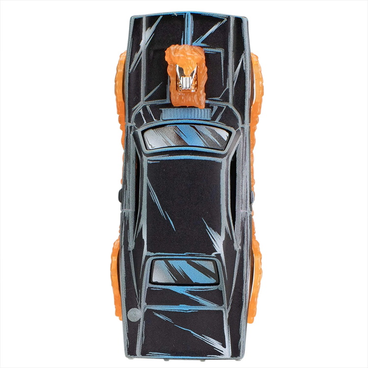 Top view of Hot Wheels Ghost Rider Charger diecast car with black body and orange flame details