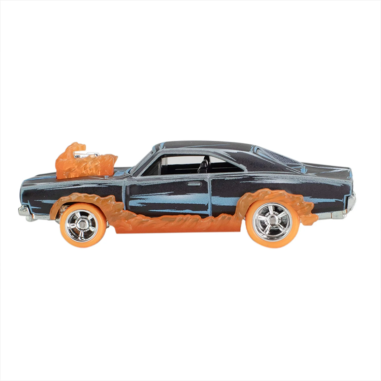 Hot Wheels Premium Ghost Rider Charger diecast car with orange flames and black body by Mattel.