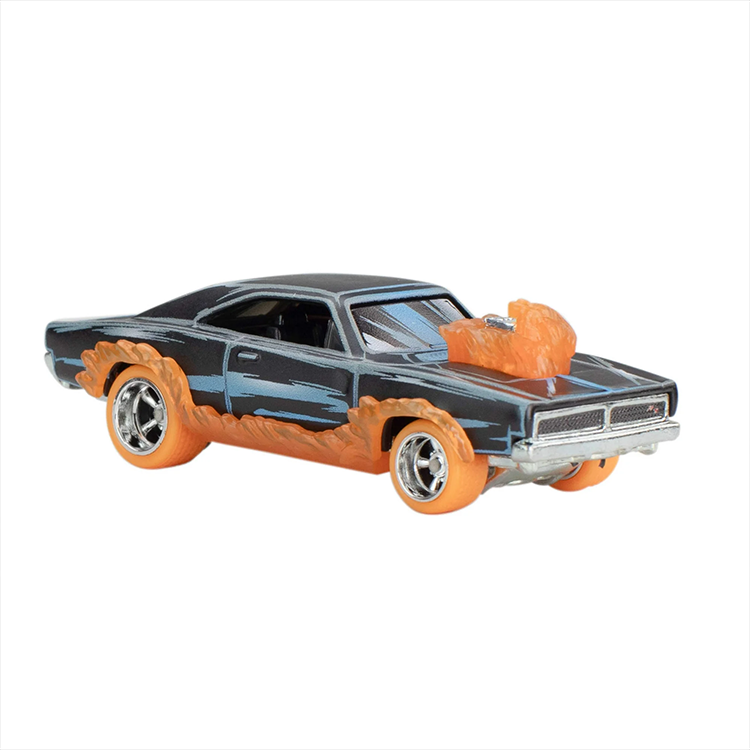 Mattel Hot Wheels Premium Ghost Rider Charger diecast car with flame details and RealRiders tires in 1:64 scale