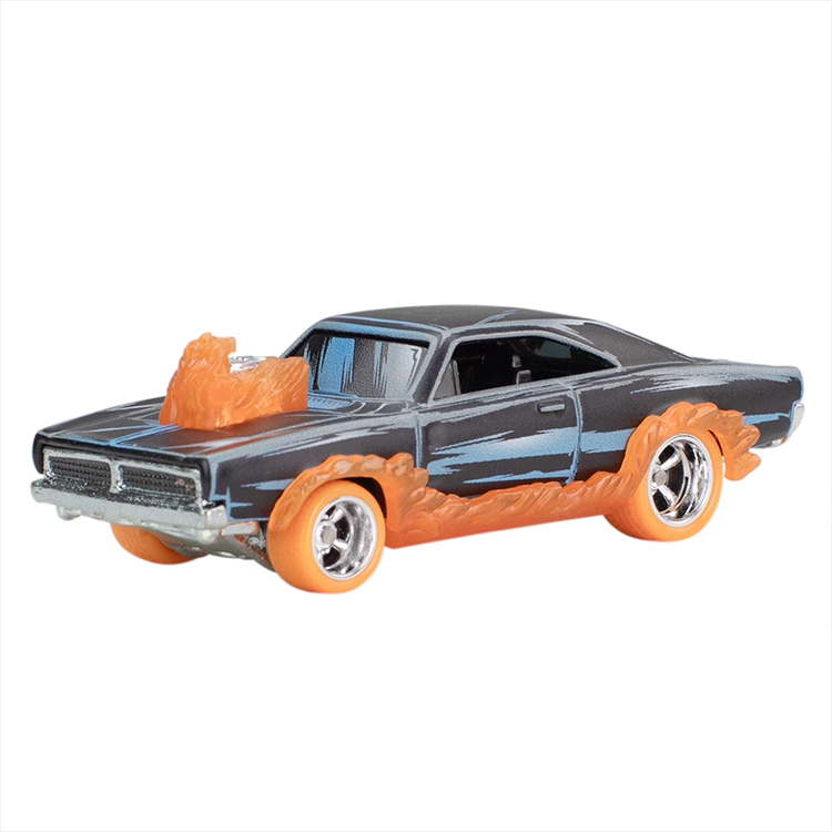 Black Hot Wheels Ghost Rider Charger diecast car with orange flames and silver wheels, 1:64 scale model by Mattel.