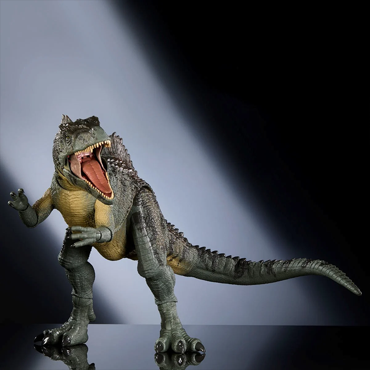 Mattel Jurassic World Hammond Collection Giganotosaurus action figure with open mouth and articulated limbs on black background