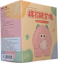 OHKU pastel-colored vinyl plush blind box featuring fluffy pink monster with big eyes and green ears holding marshmallow