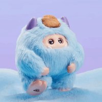 OHKU Giggle Monster Marshmallow Dreams soft blue vinyl plush with hidden eyes and tan hat on pastel purple background