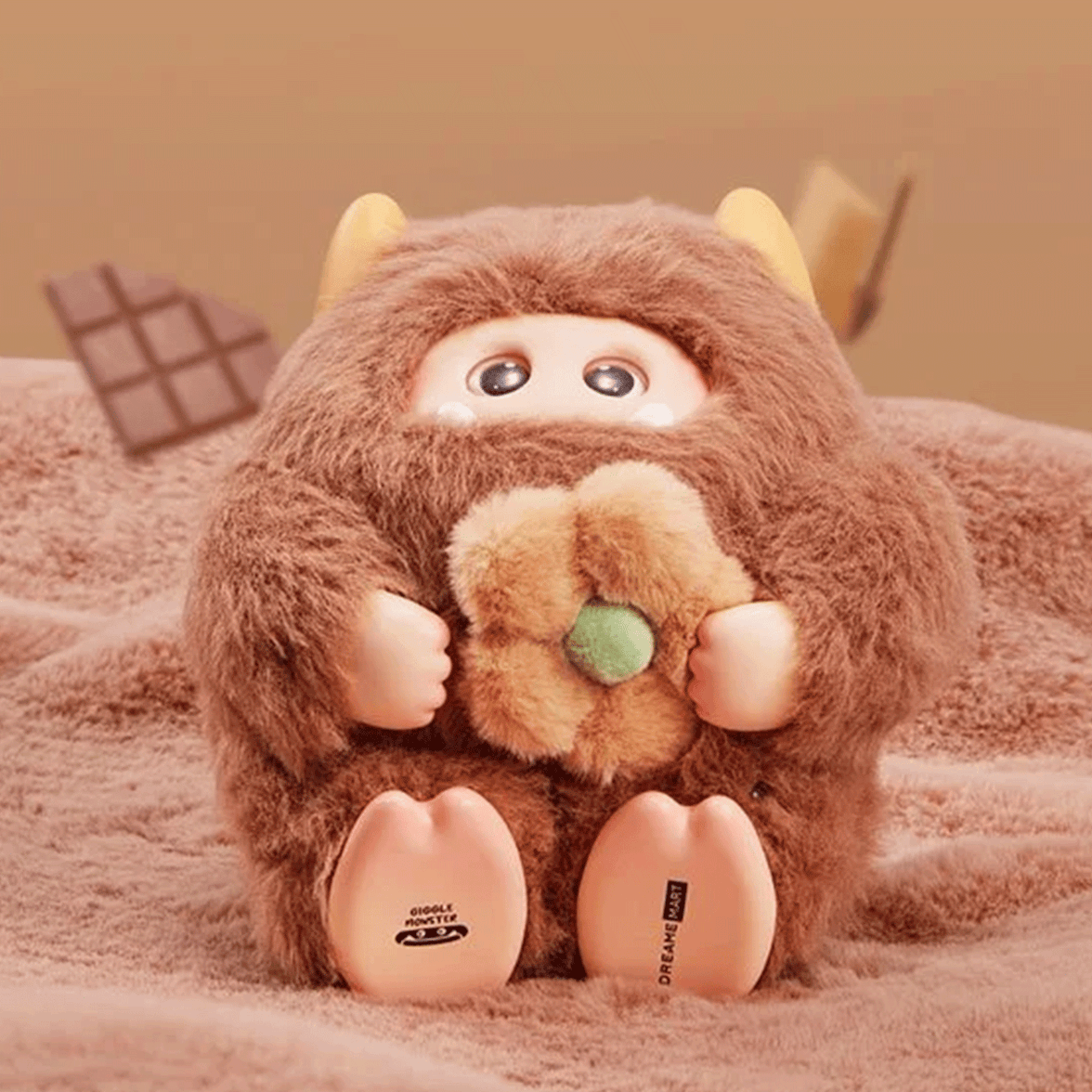 OHKU Giggle Monster Marshmallow Dreams brown vinyl plush holding fuzzy flower with playful eyes peeking through fur