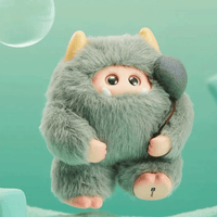 OHKU Giggle Monster Marshmallow Dreams green plush with hidden eyes clutching a soft gray balloon on teal background