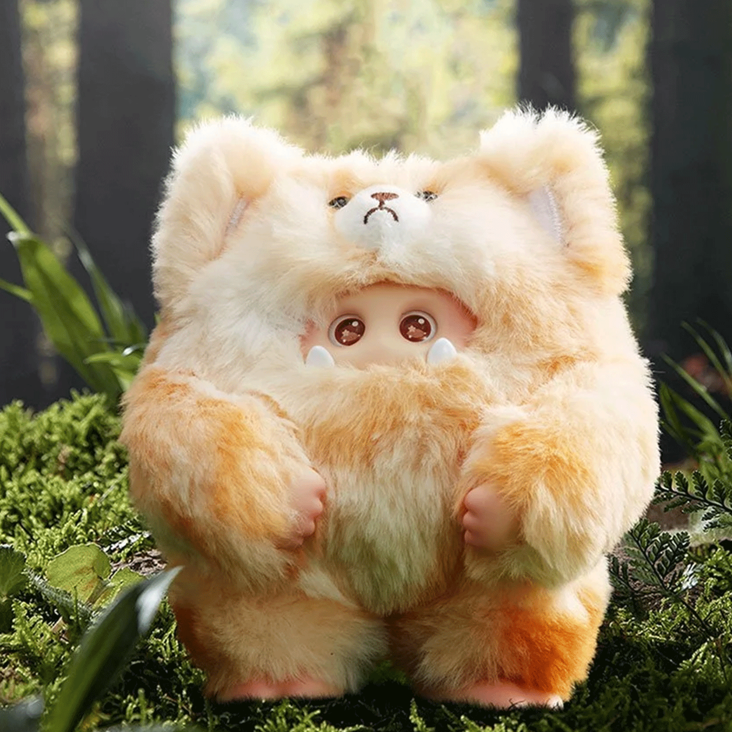 OHKU Giggle Monster plush in fluffy golden bear costume with round eyes and small fangs in forest setting