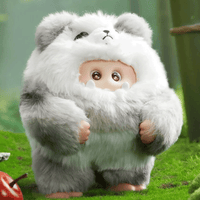 OHKU Giggle Monster Furry Forest plush figure in fluffy gray and white bear-inspired costume on green forest floor