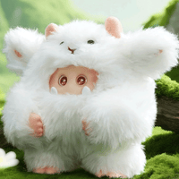 OHKU Giggle Monster vinyl figure in fluffy white furry creature outfit with round eyes in whimsical forest setting