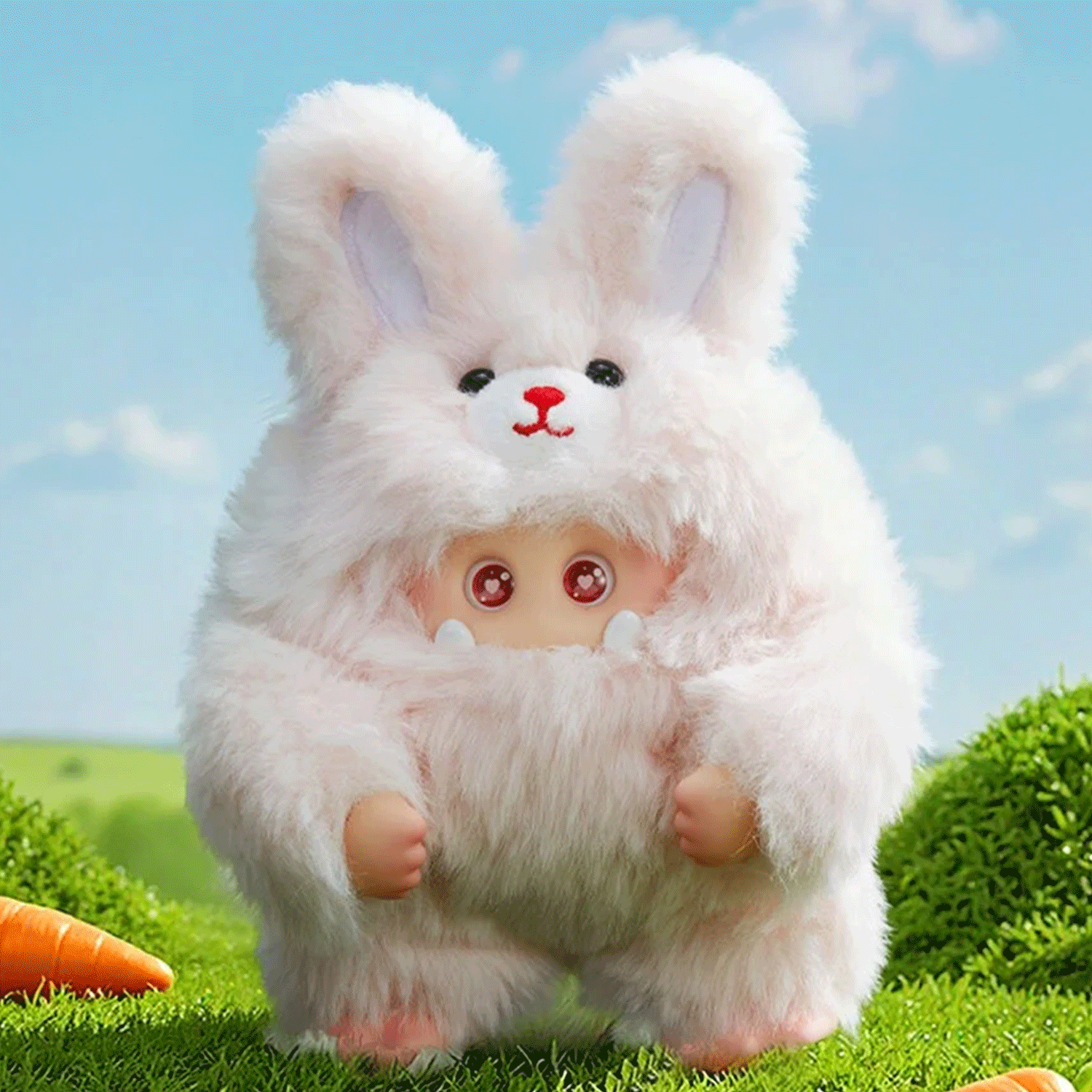OHKU Giggle Monster Furry Forest plush figure in white bunny costume with large ears and detailed eyes outdoors