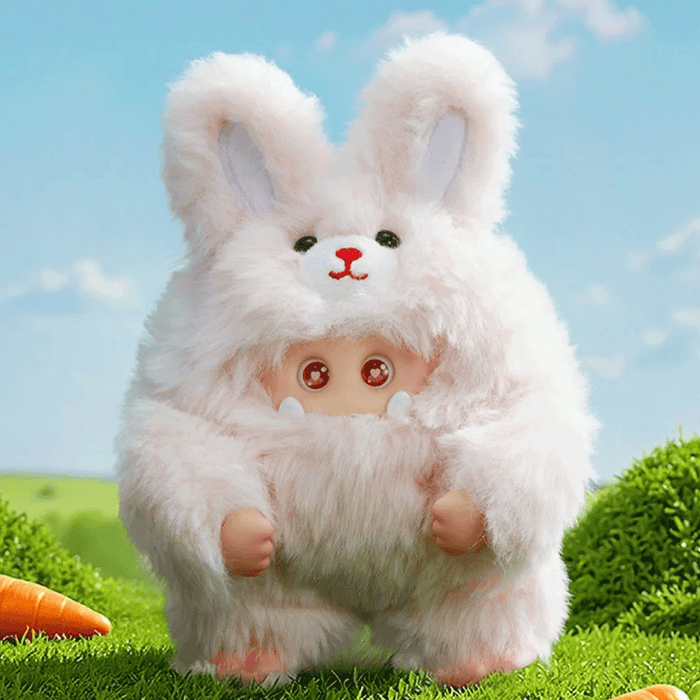 OHKU Giggle Monster Furry Forest plush figure in white bunny costume with large ears and detailed eyes outdoors