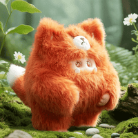 OHKU Giggle Monster vinyl plush in vibrant orange furry creature costume with starry eyes in a forest setting