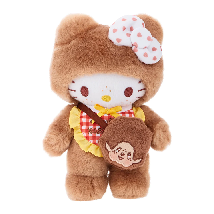 Limited edition Sekiguchi Monchhichi dressed as Hello Kitty with gingham bib and plush bag.