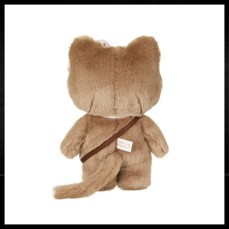 Soft plush toy of Monchhichi dressed in Hello Kitty style with gingham bow and crossbody bag by Sekiguchi.