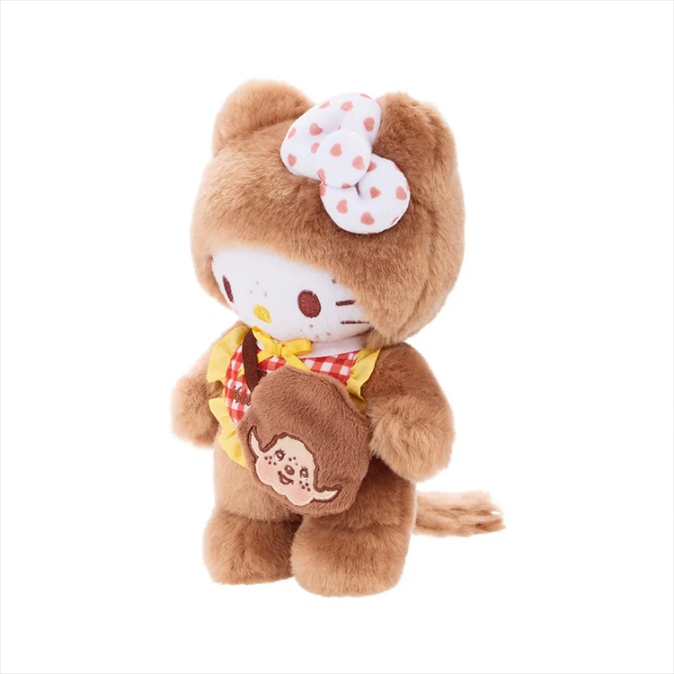 Limited edition Hello Kitty dressed as Monchhichi plush in brown fuzzy outfit with checkered details by Sekiguchi