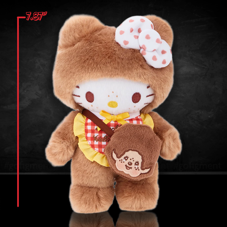 Hello Kitty dressed as Monchhichi plush with gingham apron and bow holding a Monchhichi face bag by Sekiguchi