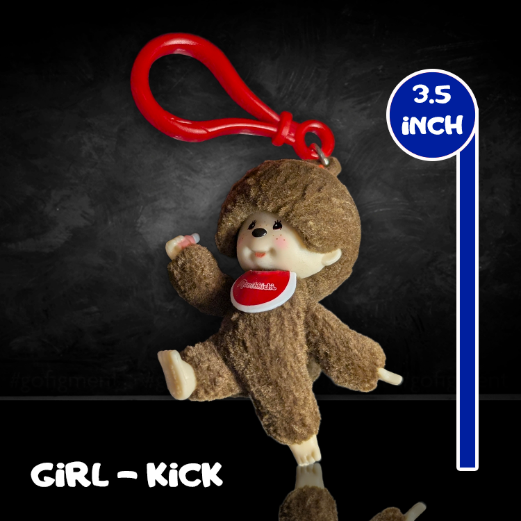 Sekiguchi Monchhichi 3.5-inch flocked vinyl girl figure kicking pose with red clip bag charm keychain