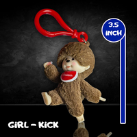 Sekiguchi Monchhichi 3.5-inch flocked vinyl girl figure kicking pose with red clip bag charm keychain