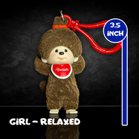 Sekiguchi Monchhichi 3.5-inch relaxed girl figure bag clip with soft flocked vinyl and red keyring attachment