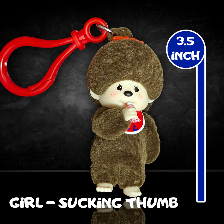 Sekiguchi Monchhichi 3.5-inch girl figure with plush texture sucking thumb and red clip bag charm