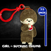 Sekiguchi Monchhichi 3.5-inch girl figure with plush texture sucking thumb and red clip bag charm