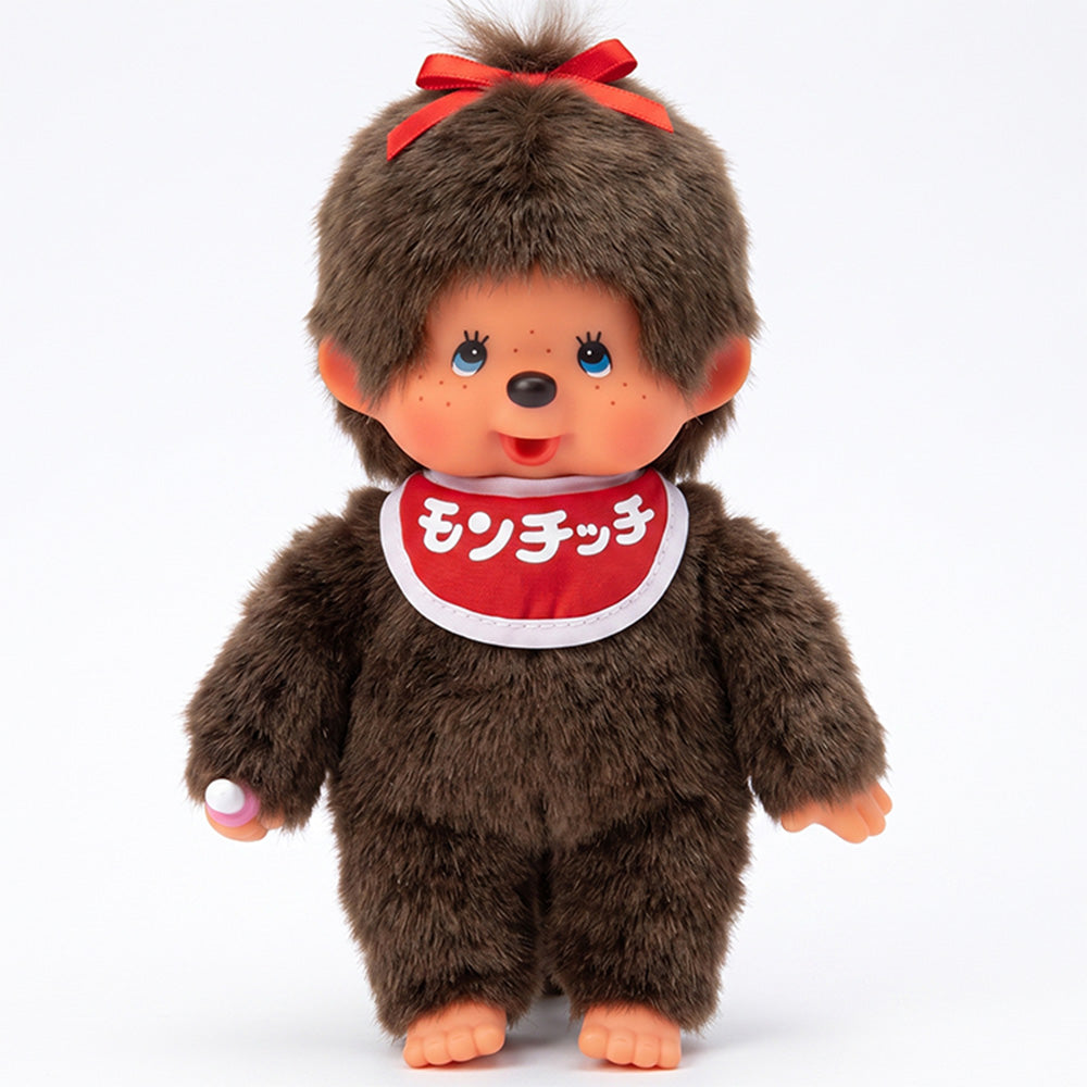 8" Monchhichi Classic BrownGirl in Red Bib with Japanese Character Logo and Blue Eyes by Sekiguchi