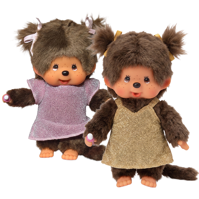 Monchhichi Standard Girl Plush Set - Pink Glitter & Gold Glitter Dresses - Sekiguchi, two plush dolls