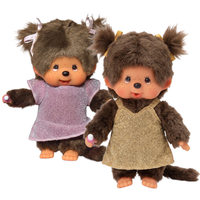 Monchhichi Standard Girl Plush Set - Pink Glitter & Gold Glitter Dresses - Sekiguchi, two plush dolls