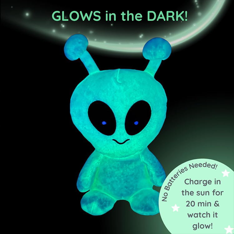 Glow in the dark Alex Alien Warm Pal with lavender scent charges in sunlight for soothing comfort.