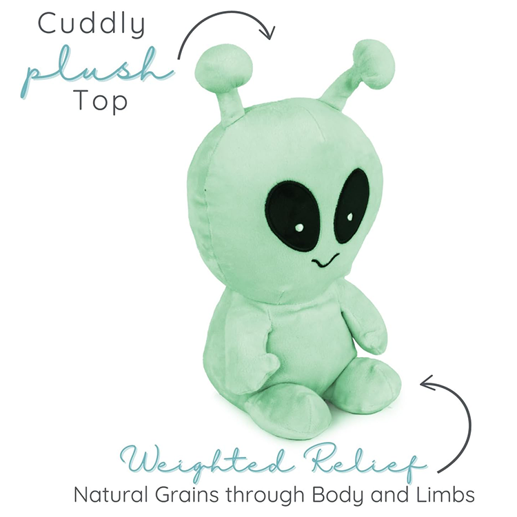 Soft green alien plush with weighted natural grain filling for soothing warmth and lavender aroma therapy comfort