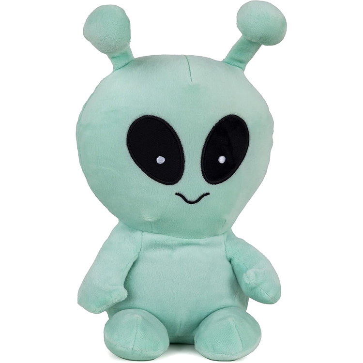 Soft mint green alien plush with large black eyes, designed for microwave warming and lavender scent.