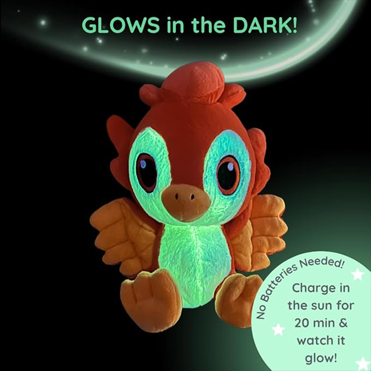 Glow in the dark phoenix plush with orange wings and a glowing green face and chest for cozy comfort.