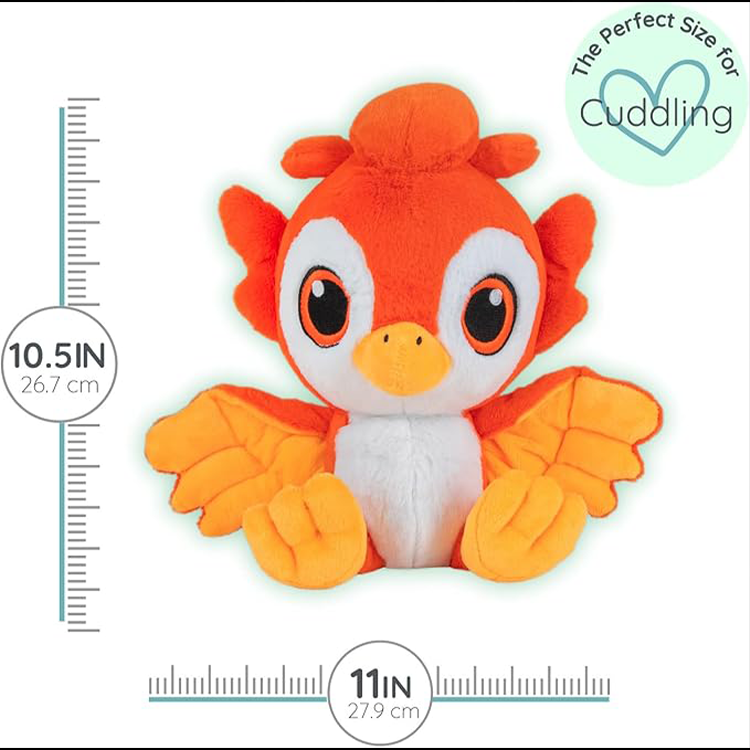 Orange and white plush phoenix measuring 10.5 by 11 inches, designed for cozy cuddling and comfort.